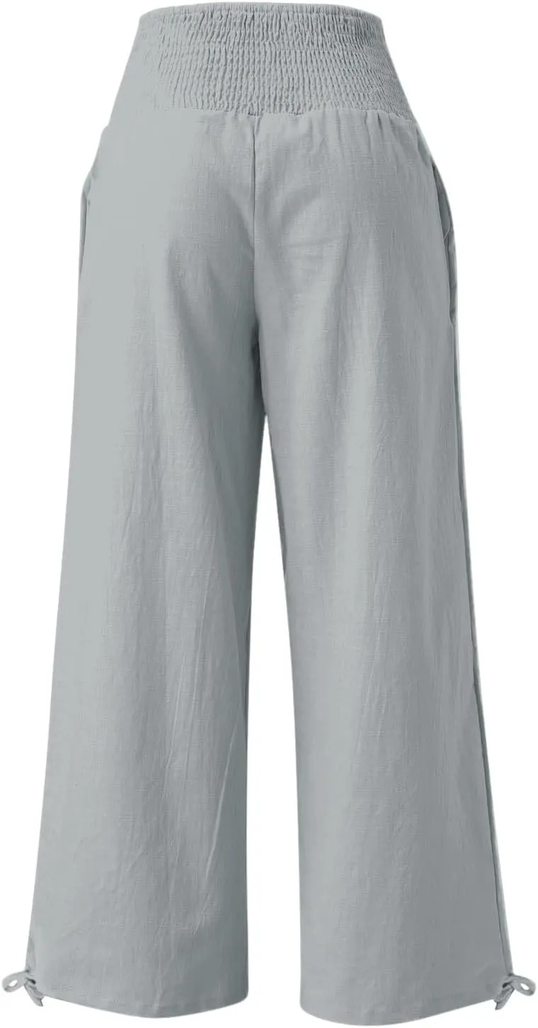 Women Linen Palazzo Pants Summer Wide Leg High Waist Casual Slacks Boho Beach Travel Plus Size Trousers with Pockets