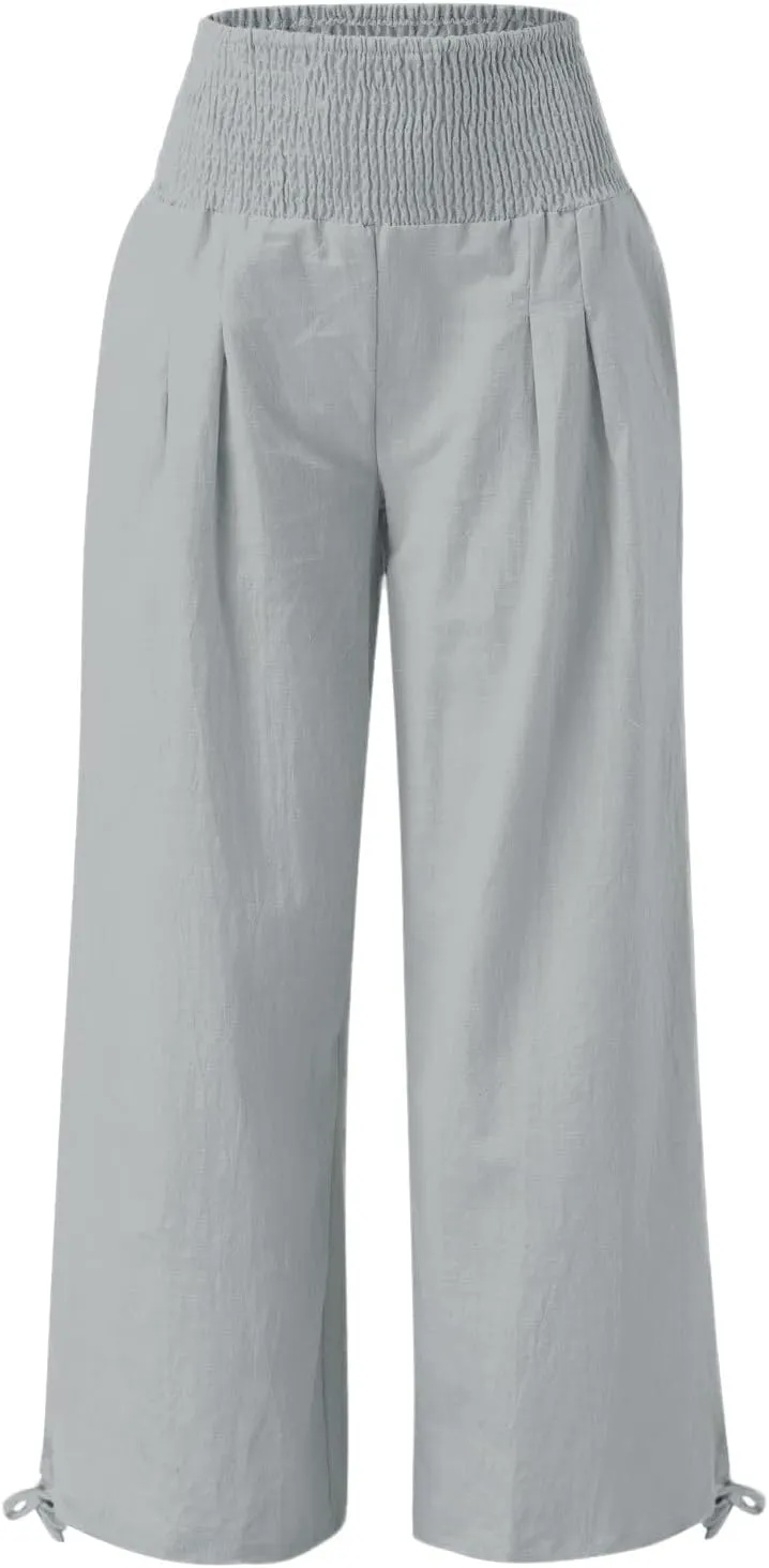 Women Linen Palazzo Pants Summer Wide Leg High Waist Casual Slacks Boho Beach Travel Plus Size Trousers with Pockets