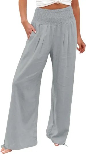Women Linen Palazzo Pants Summer Wide Leg High Waist Casual Slacks Boho Beach Travel Plus Size Trousers with Pockets