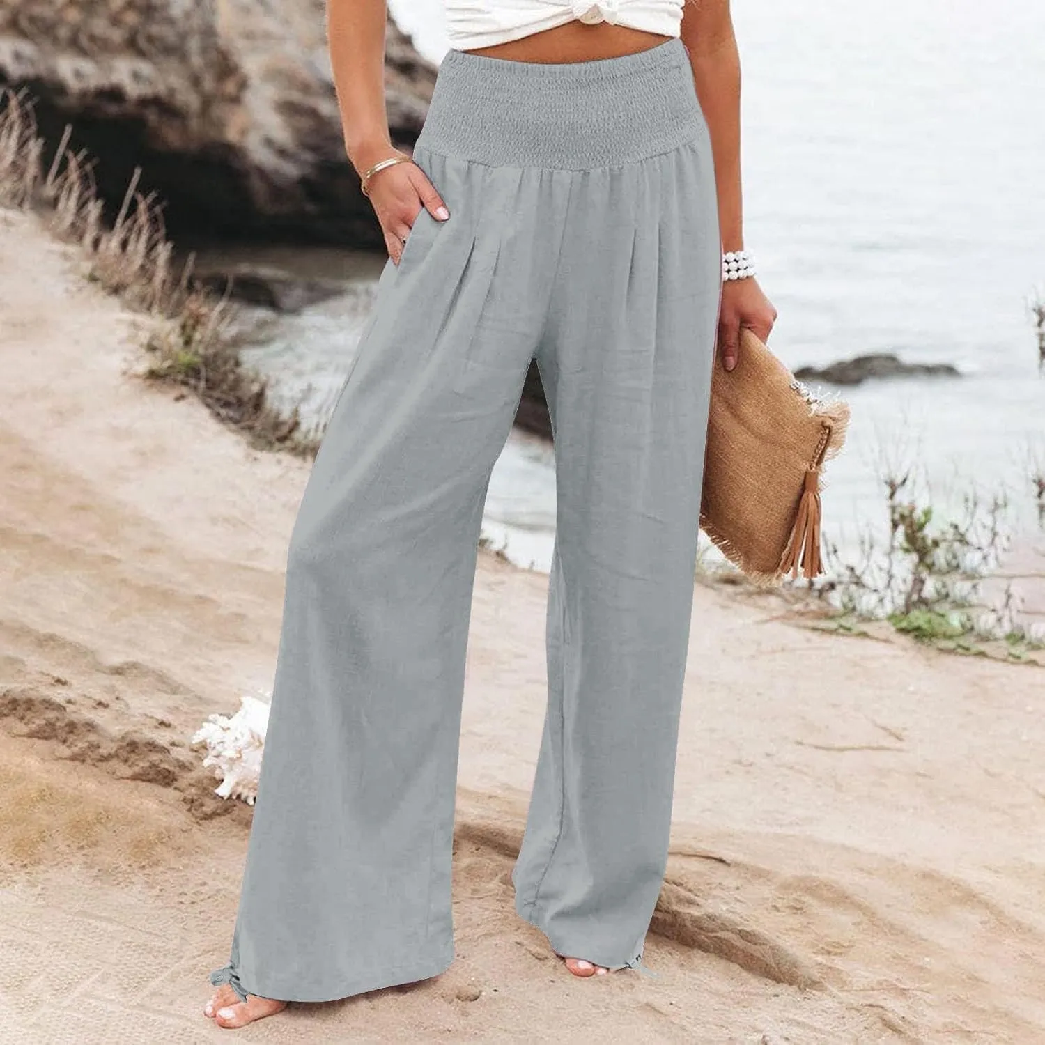 Women Linen Palazzo Pants Summer Wide Leg High Waist Casual Slacks Boho Beach Travel Plus Size Trousers with Pockets