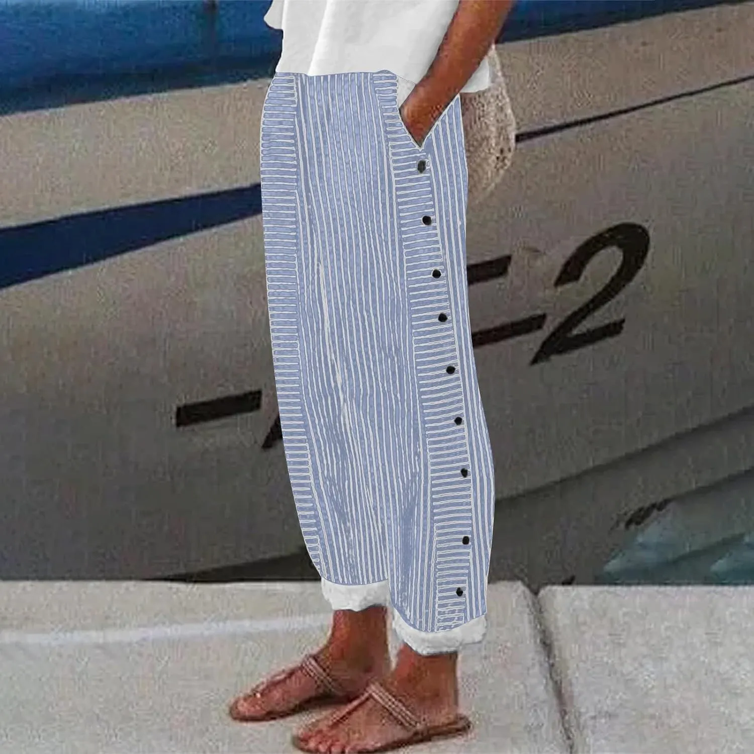 Women Linen Pants Casual Loose Elastic Waist Side Back Four Pockets 9/10 Pants Summer Beach Vacation Clothes for