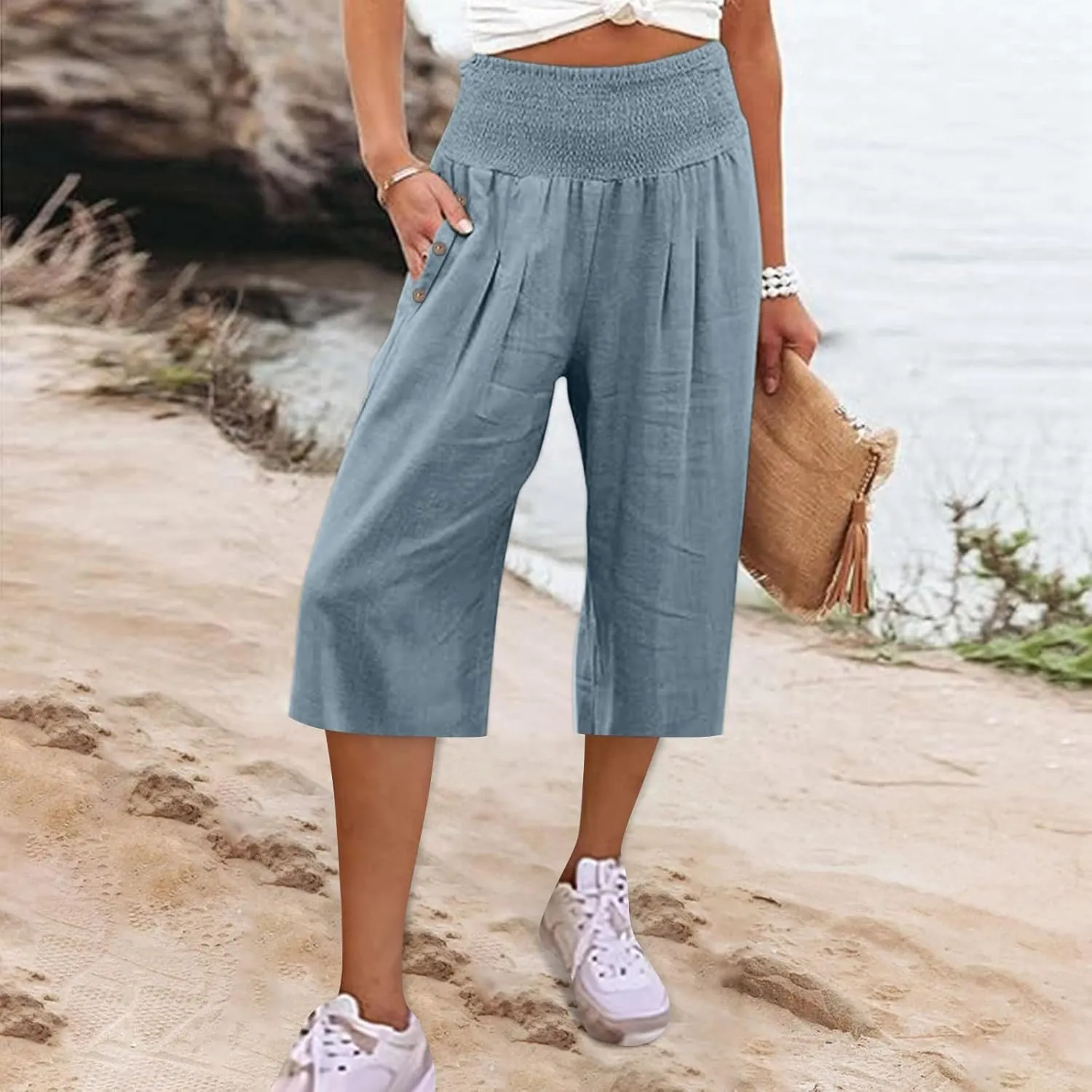 Women Linen Pants Petite Elastic Waist Button Cotton Womens Capris Summer Cargo Capri Pants for Women Stretch Loose