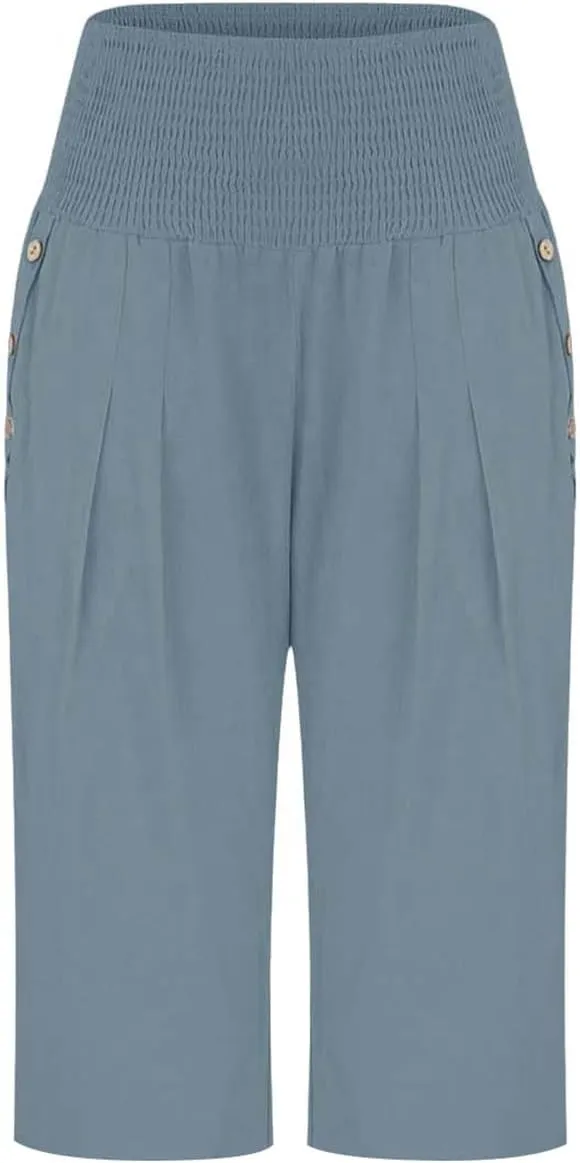 Women Linen Pants Petite Elastic Waist Button Cotton Womens Capris Summer Cargo Capri Pants for Women Stretch Loose