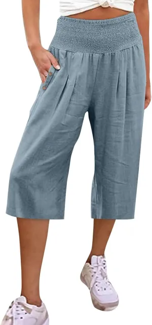 Women Linen Pants Petite Elastic Waist Button Cotton Womens Capris Summer Cargo Capri Pants for Women Stretch Loose