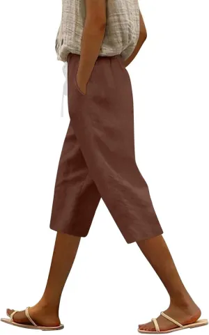 Women Linen Pants Tall Drawstring Cargo Summer Capri Pants for Women Stretch Loose Petite Womens Capris Cotton