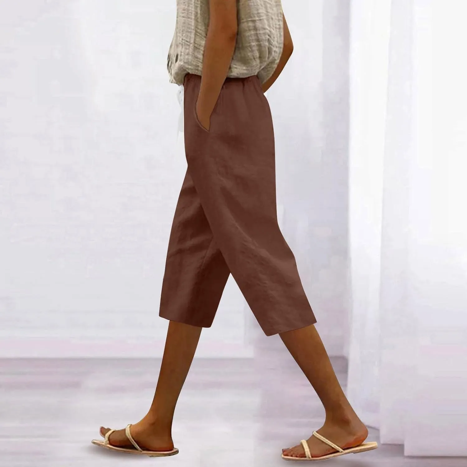 Women Linen Pants Tall Drawstring Cargo Summer Capri Pants for Women Stretch Loose Petite Womens Capris Cotton