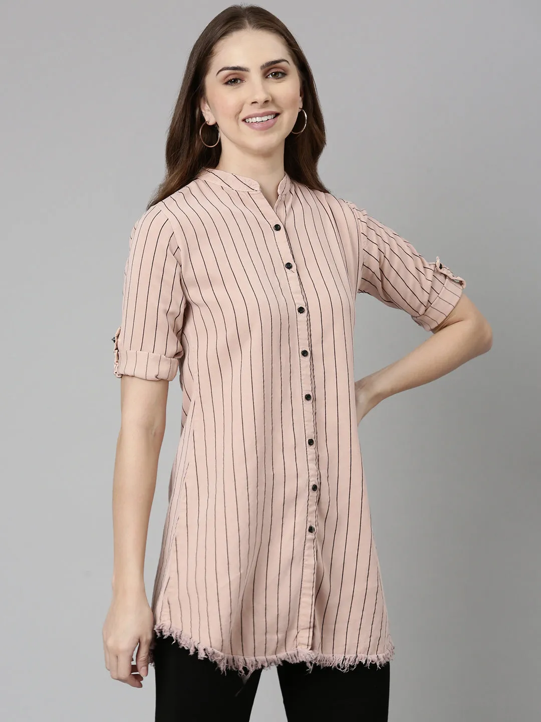 Women Pink Comfort Slim Fit Striped Cotton Longline Casual Shirt