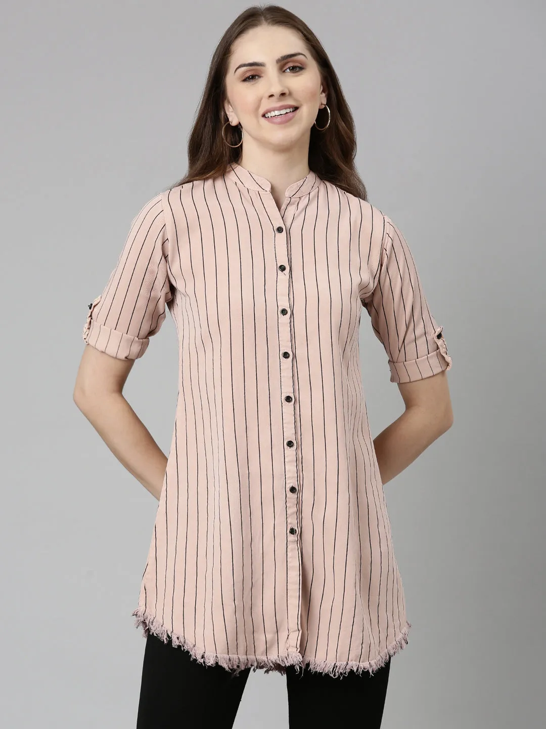 Women Pink Comfort Slim Fit Striped Cotton Longline Casual Shirt