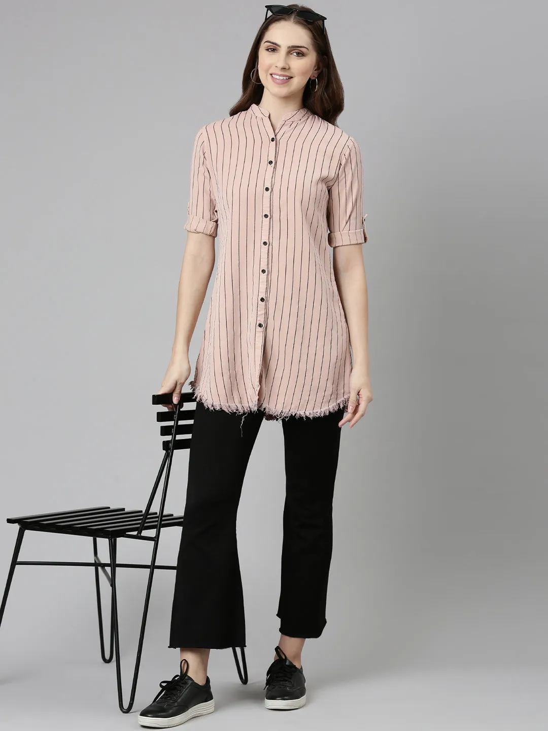 Women Pink Comfort Slim Fit Striped Cotton Longline Casual Shirt
