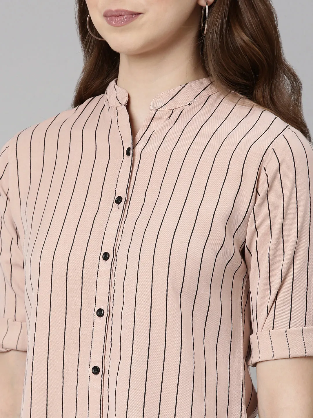 Women Pink Comfort Slim Fit Striped Cotton Longline Casual Shirt