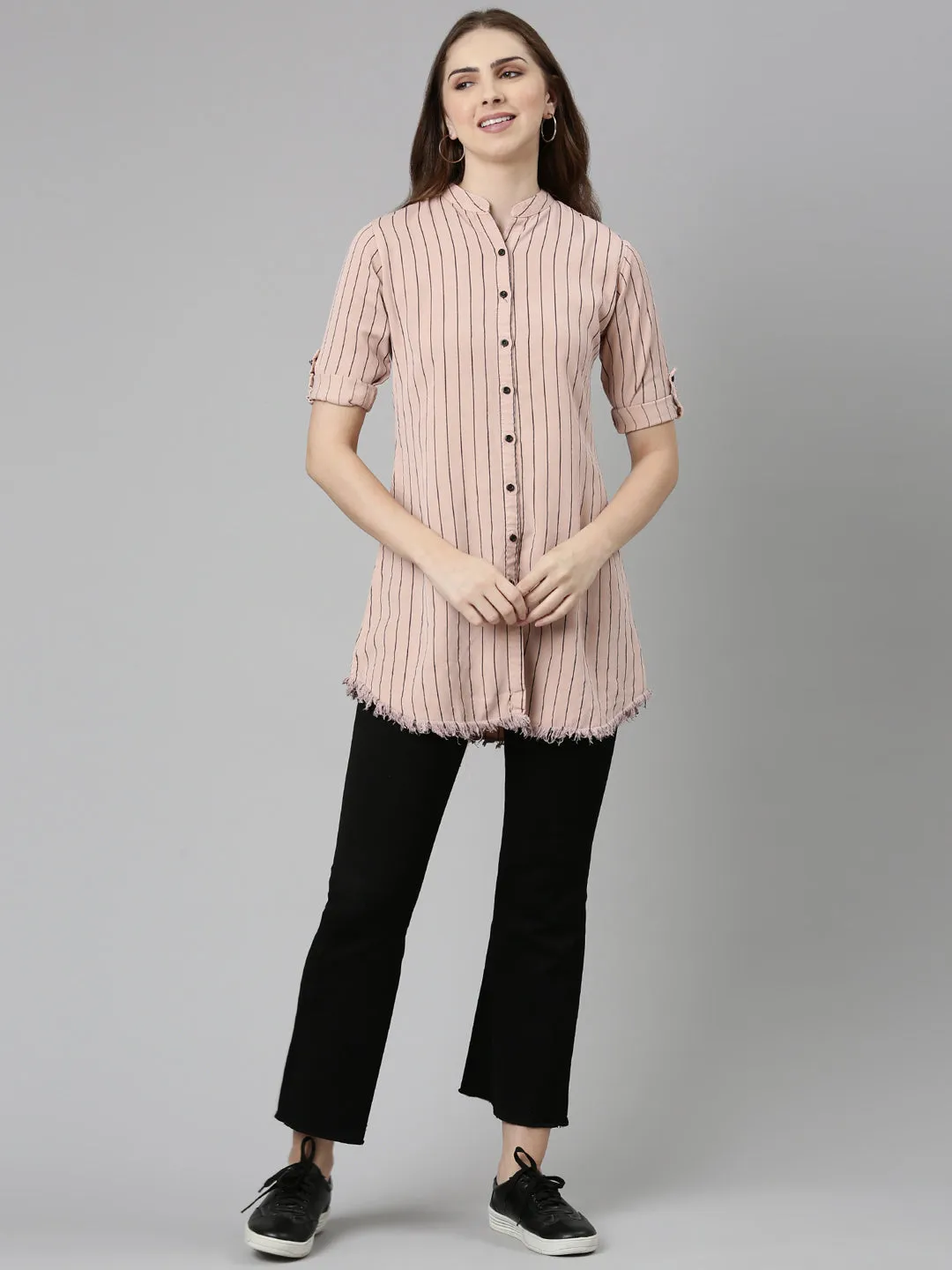 Women Pink Comfort Slim Fit Striped Cotton Longline Casual Shirt