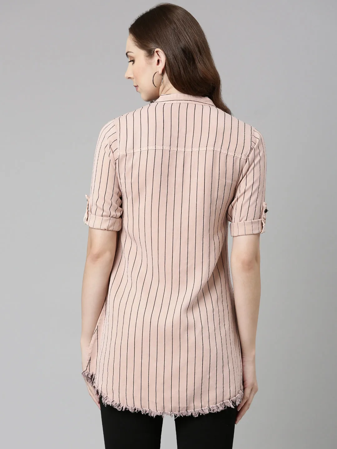 Women Pink Comfort Slim Fit Striped Cotton Longline Casual Shirt