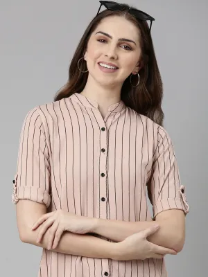 Women Pink Comfort Slim Fit Striped Cotton Longline Casual Shirt