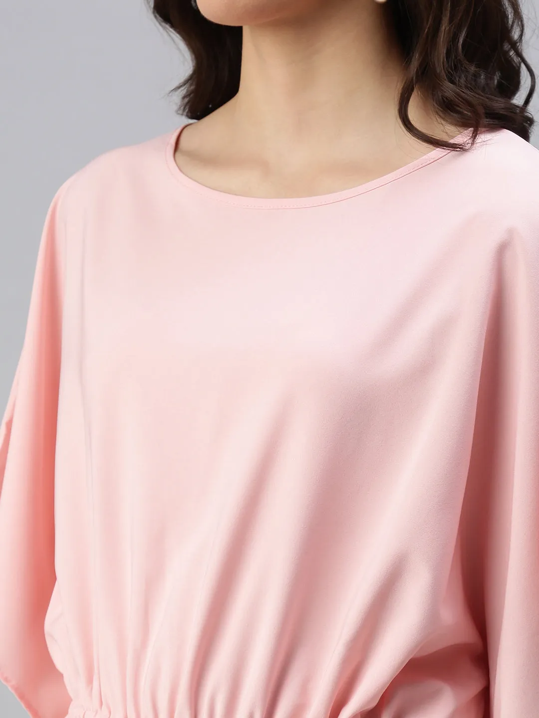 Women Pink Crepe Kaftan Cinched Tie Up Waist Layered Top