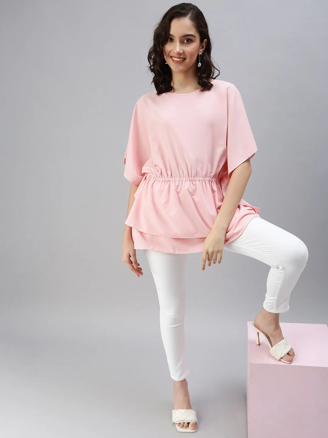 Women Pink Crepe Kaftan Cinched Tie Up Waist Layered Top