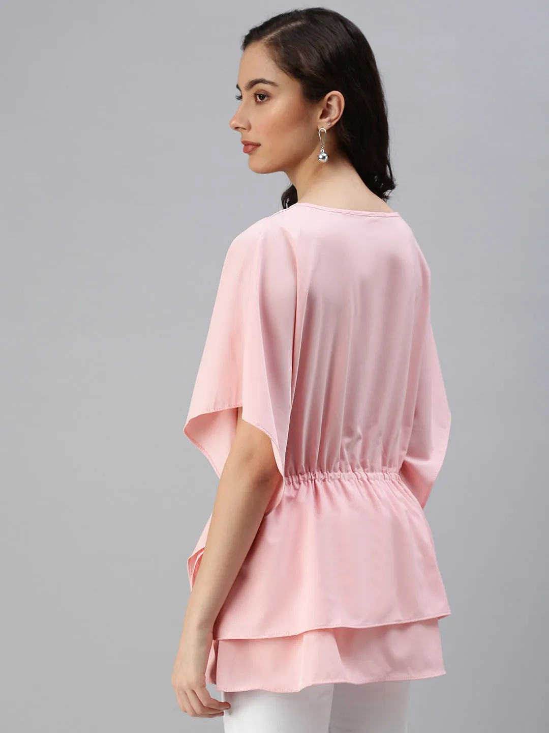 Women Pink Crepe Kaftan Cinched Tie Up Waist Layered Top