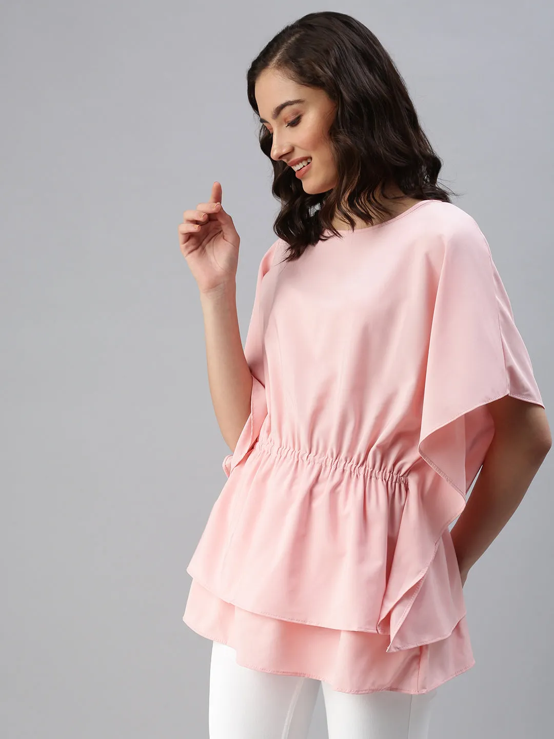 Women Pink Crepe Kaftan Cinched Tie Up Waist Layered Top
