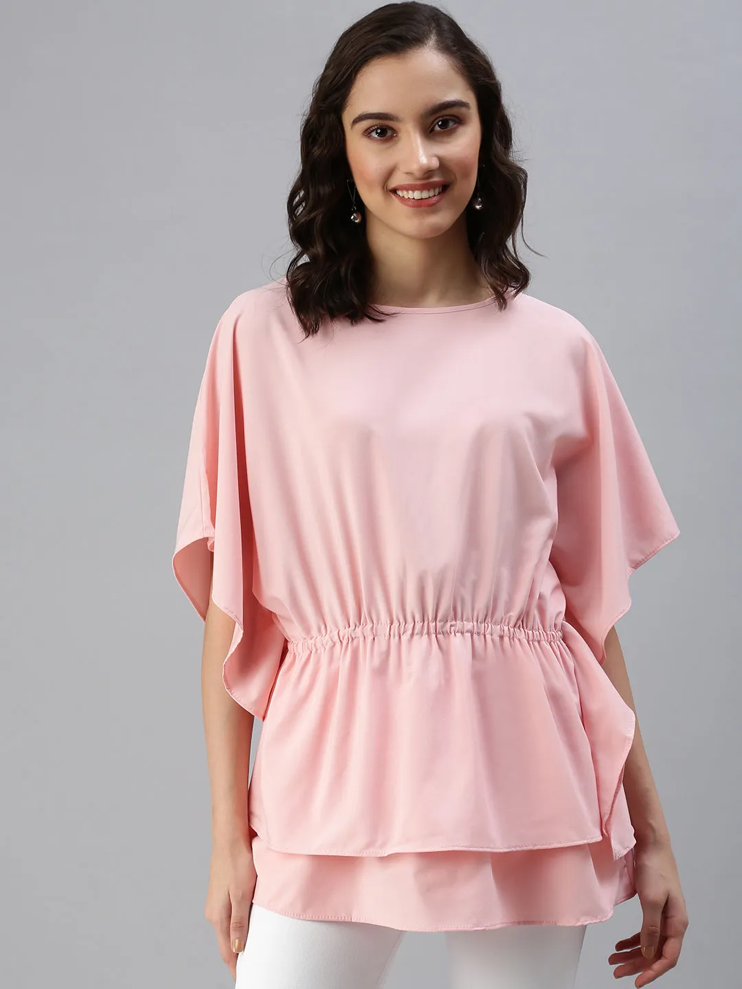 Women Pink Crepe Kaftan Cinched Tie Up Waist Layered Top