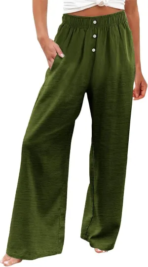 Women Smocked High Waist Straight Wide Leg Trousers Loose Fit Lounge Pants Pockets Linen Beach Flowy Dressy Palazzo