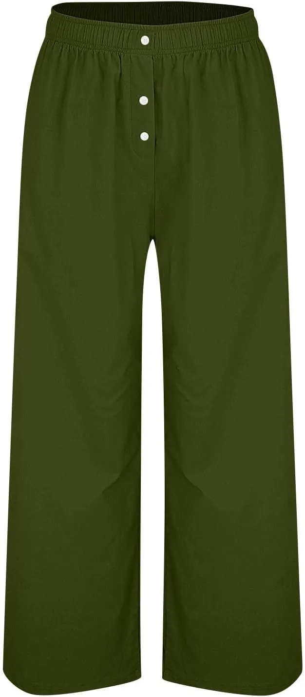 Women Smocked High Waist Straight Wide Leg Trousers Loose Fit Lounge Pants Pockets Linen Beach Flowy Dressy Palazzo