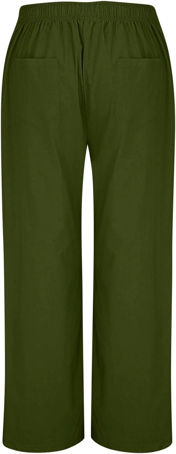 Women Smocked High Waist Straight Wide Leg Trousers Loose Fit Lounge Pants Pockets Linen Beach Flowy Dressy Palazzo