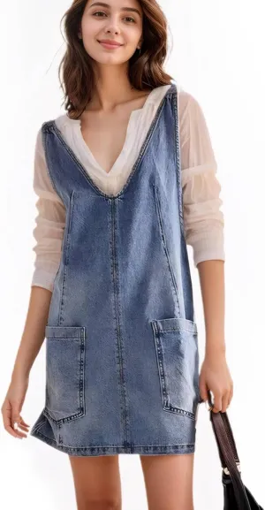 Women Stretch Denim Overalls Mini Dress Adjustable Shoulder Straps High Roller Skirtall Casual Jean Romper Jumpsuit
