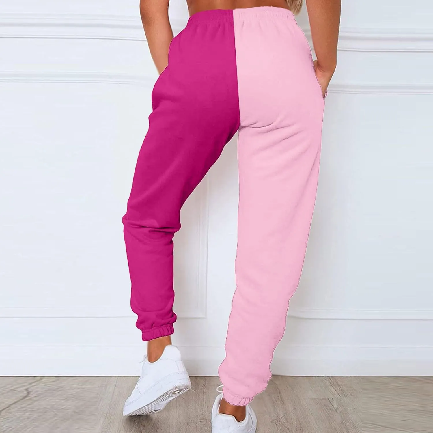 Women Sweatpant Casual Color Block Patchwork Trouser Elastic High Waist Drawstring Joggers Baggy Pants with Pockets