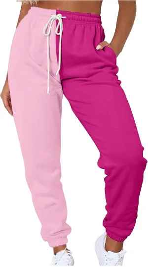 Women Sweatpant Casual Color Block Patchwork Trouser Elastic High Waist Drawstring Joggers Baggy Pants with Pockets