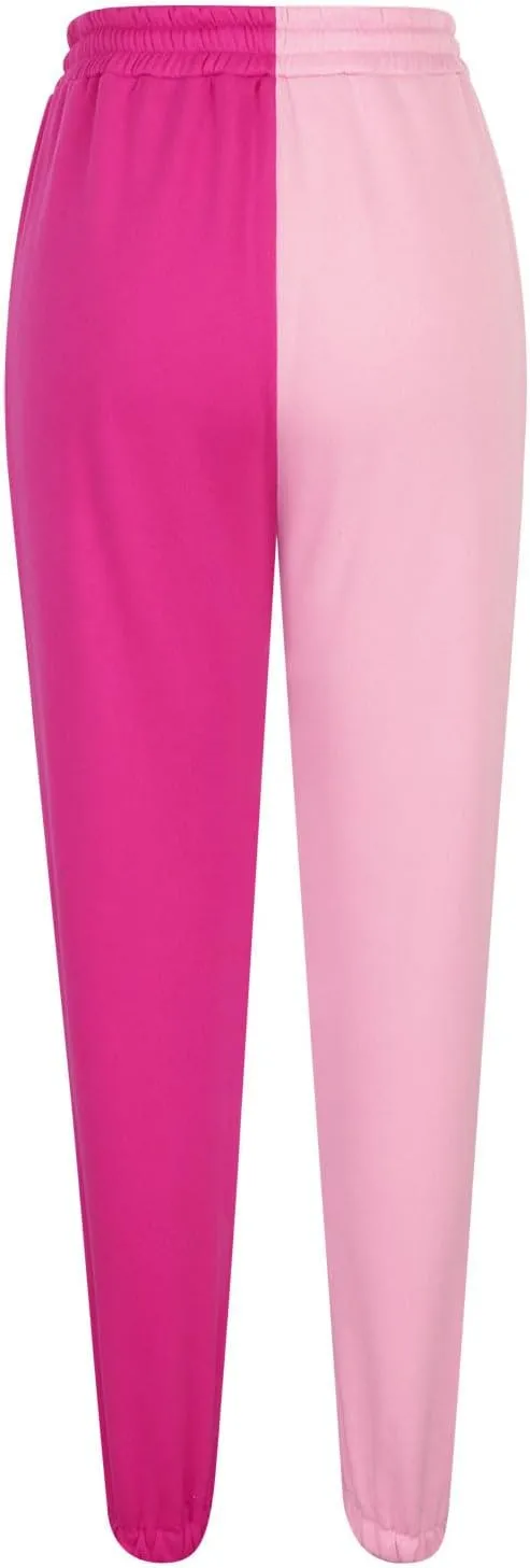 Women Sweatpant Casual Color Block Patchwork Trouser Elastic High Waist Drawstring Joggers Baggy Pants with Pockets