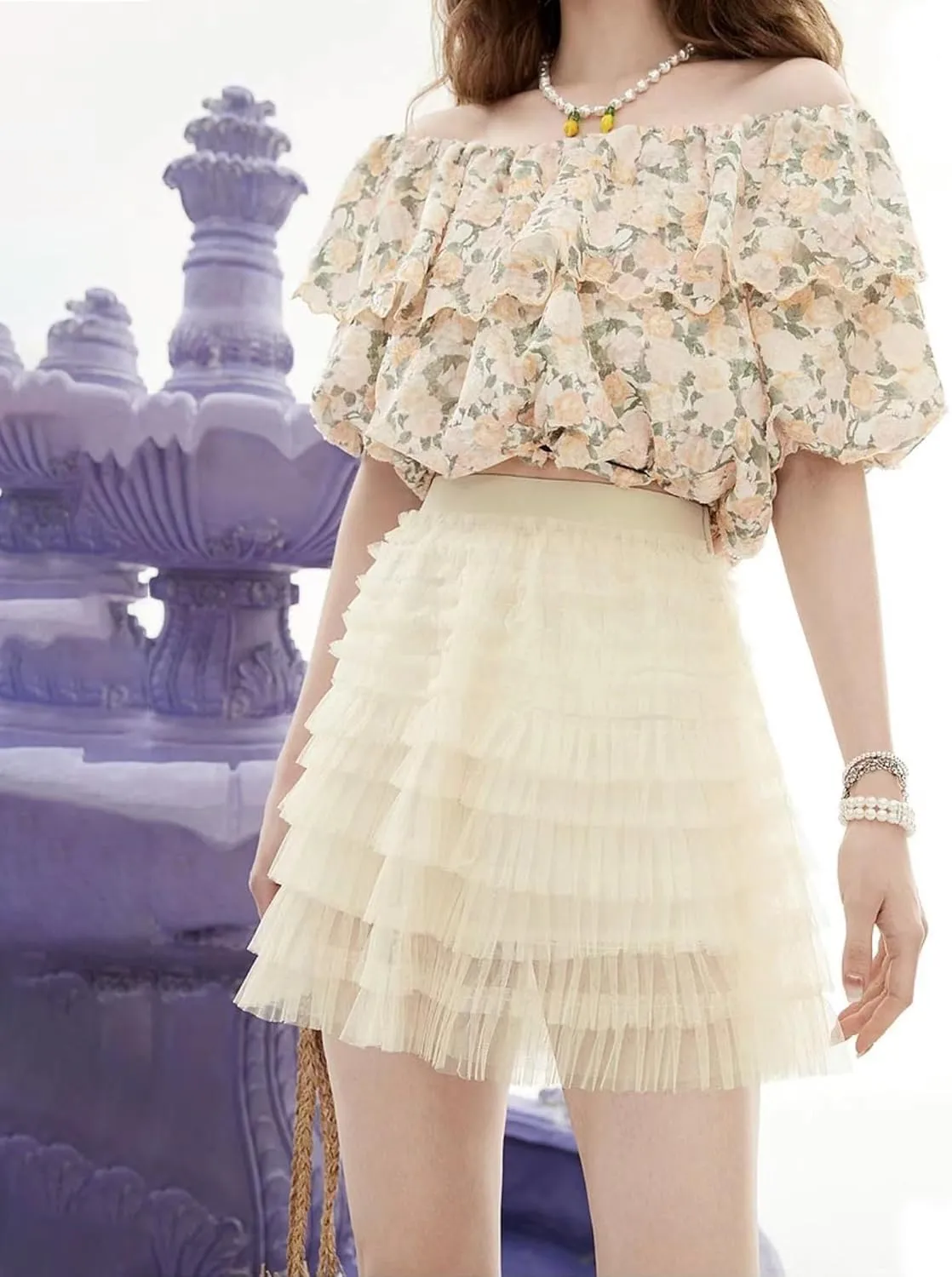Women Tutu Skort Skirt Multi-Layered Elastic Waist Short Tulle Skirts for Ladies Night-Out Party Daily