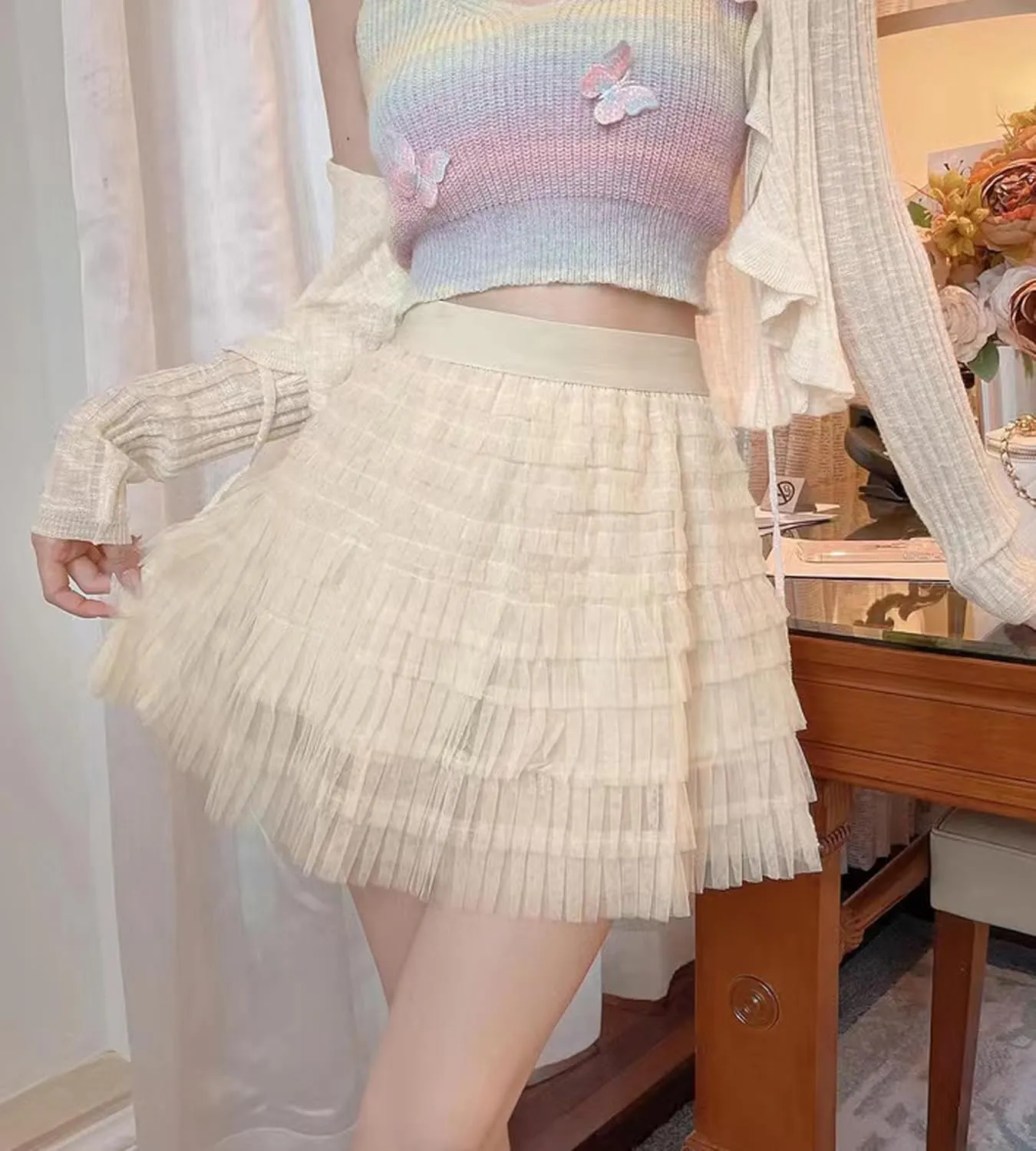 Women Tutu Skort Skirt Multi-Layered Elastic Waist Short Tulle Skirts for Ladies Night-Out Party Daily
