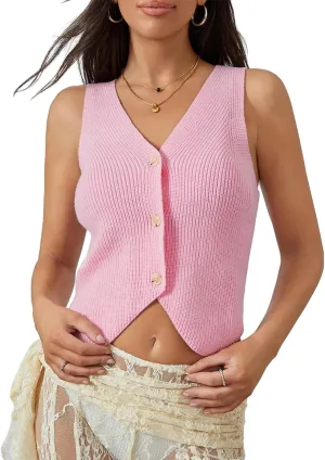 Women Vest Tops Sleeveless V Neck Button Knit Sweater Vest