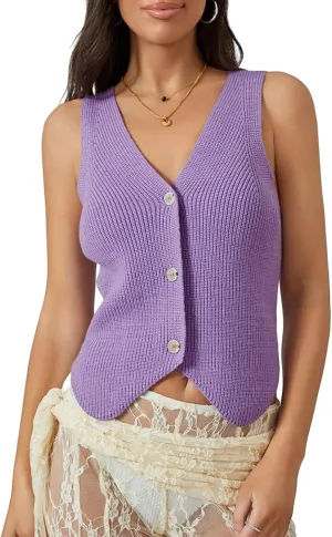 Women Vest Tops Sleeveless V Neck Button Knit Sweater Vest