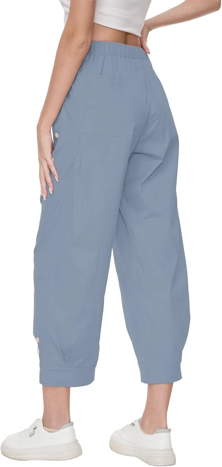 Women Wide Leg Capri Pants Drawstring Elastic Waist Lounge Pants Baggy Cinch Bottom Cropped Trousers with Pockets