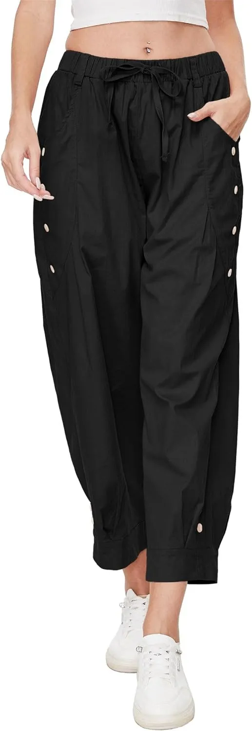 Women Wide Leg Capri Pants Drawstring Elastic Waist Lounge Pants Baggy Cinch Bottom Cropped Trousers with Pockets