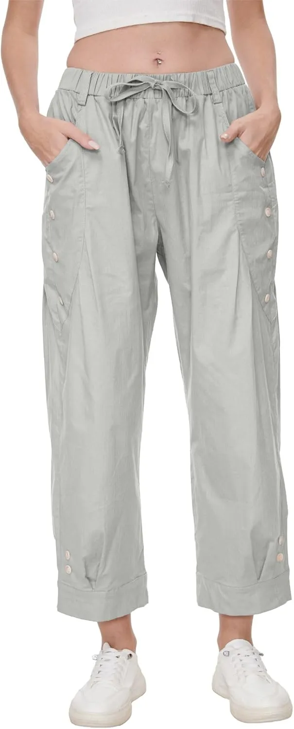 Women Wide Leg Capri Pants Drawstring Elastic Waist Lounge Pants Baggy Cinch Bottom Cropped Trousers with Pockets