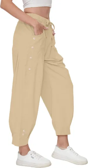 Women Wide Leg Capri Pants Drawstring Elastic Waist Lounge Pants Baggy Cinch Bottom Cropped Trousers with Pockets