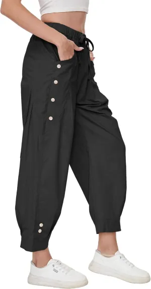 Women Wide Leg Capri Pants Drawstring Elastic Waist Lounge Pants Baggy Cinch Bottom Cropped Trousers with Pockets