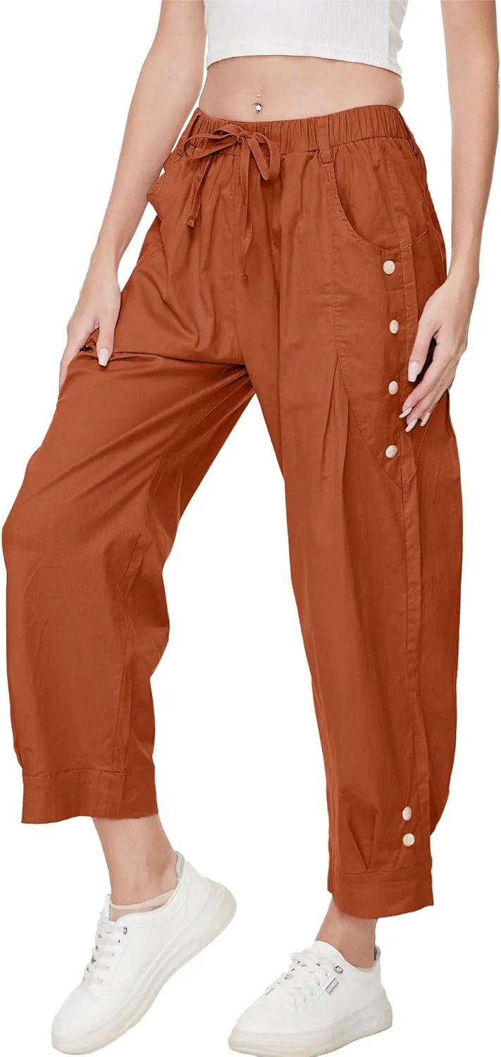 Women Wide Leg Capri Pants Drawstring Elastic Waist Lounge Pants Baggy Cinch Bottom Cropped Trousers with Pockets