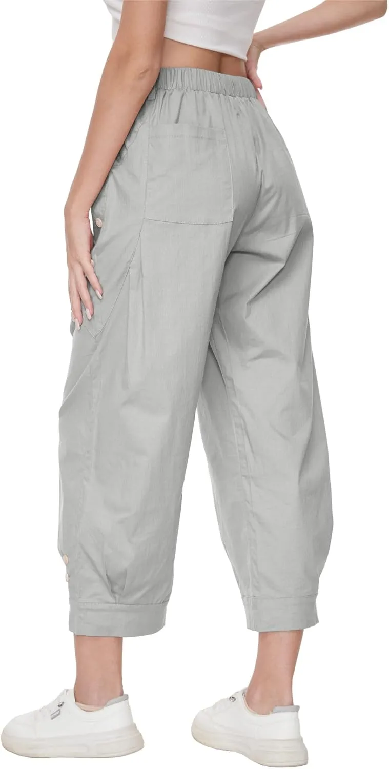 Women Wide Leg Capri Pants Drawstring Elastic Waist Lounge Pants Baggy Cinch Bottom Cropped Trousers with Pockets