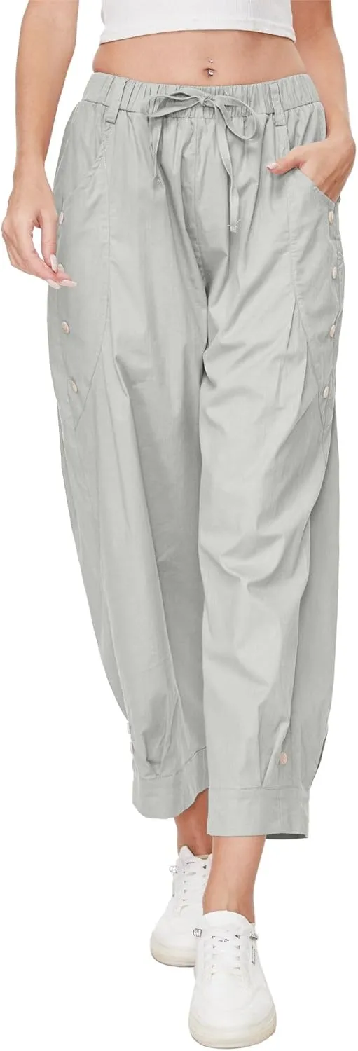 Women Wide Leg Capri Pants Drawstring Elastic Waist Lounge Pants Baggy Cinch Bottom Cropped Trousers with Pockets