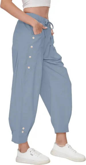 Women Wide Leg Capri Pants Drawstring Elastic Waist Lounge Pants Baggy Cinch Bottom Cropped Trousers with Pockets