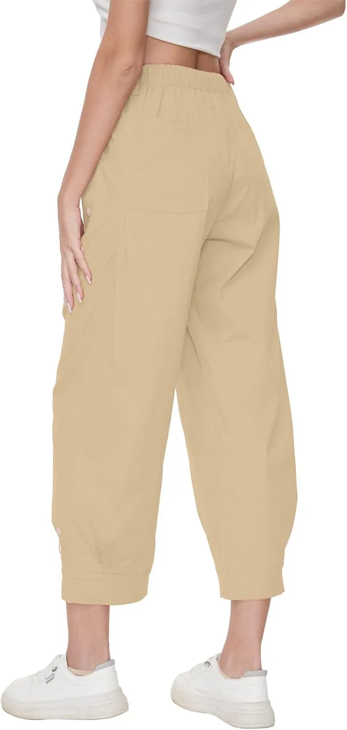 Women Wide Leg Capri Pants Drawstring Elastic Waist Lounge Pants Baggy Cinch Bottom Cropped Trousers with Pockets
