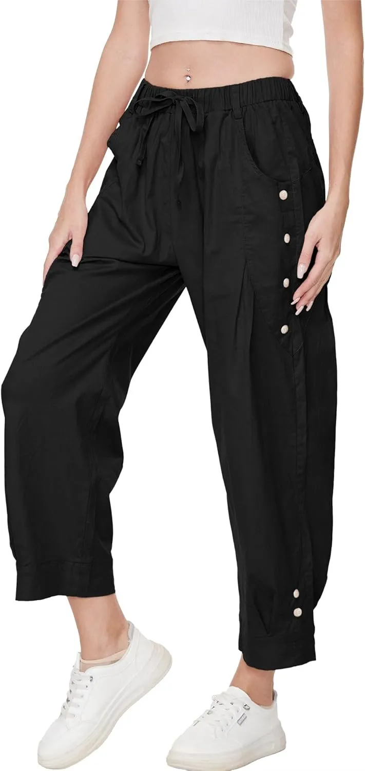 Women Wide Leg Capri Pants Drawstring Elastic Waist Lounge Pants Baggy Cinch Bottom Cropped Trousers with Pockets