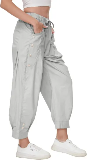 Women Wide Leg Capri Pants Drawstring Elastic Waist Lounge Pants Baggy Cinch Bottom Cropped Trousers with Pockets