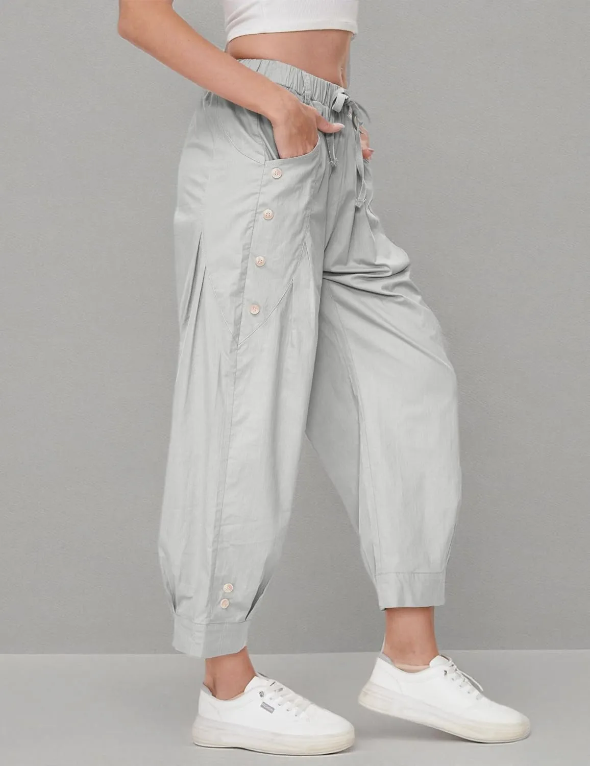 Women Wide Leg Capri Pants Drawstring Elastic Waist Lounge Pants Baggy Cinch Bottom Cropped Trousers with Pockets