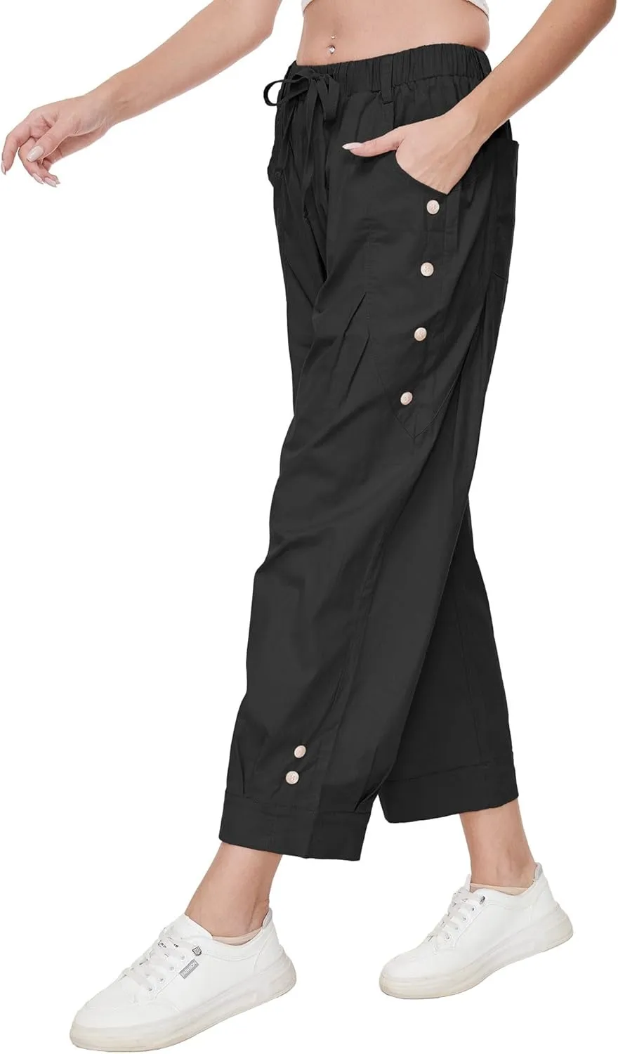 Women Wide Leg Capri Pants Drawstring Elastic Waist Lounge Pants Baggy Cinch Bottom Cropped Trousers with Pockets
