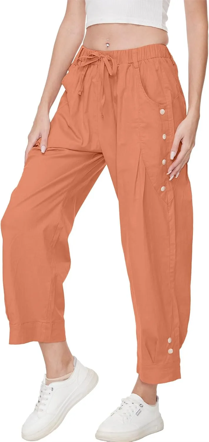 Women Wide Leg Capri Pants Drawstring Elastic Waist Lounge Pants Baggy Cinch Bottom Cropped Trousers with Pockets