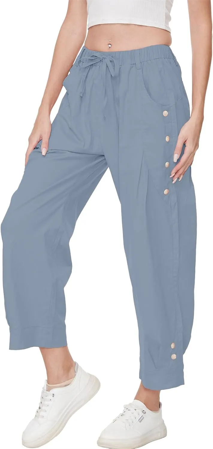 Women Wide Leg Capri Pants Drawstring Elastic Waist Lounge Pants Baggy Cinch Bottom Cropped Trousers with Pockets