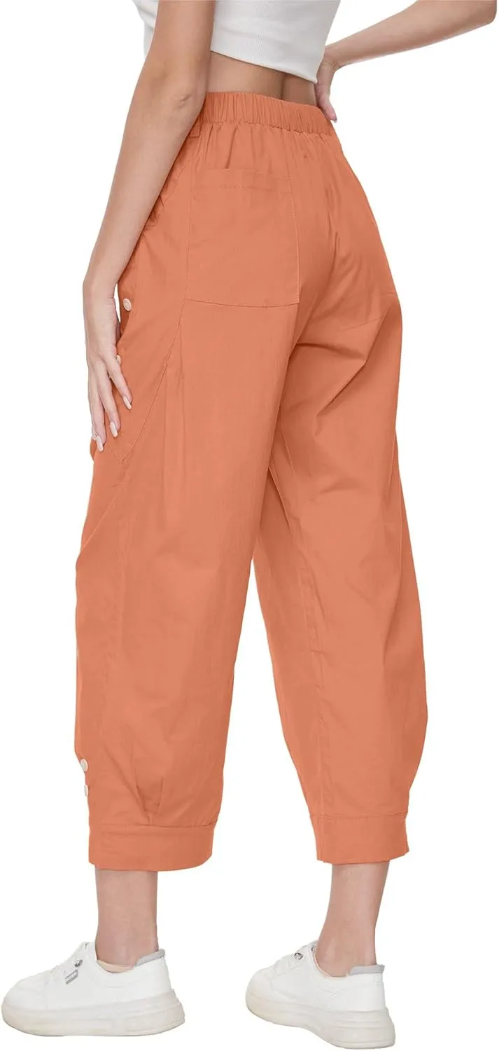 Women Wide Leg Capri Pants Drawstring Elastic Waist Lounge Pants Baggy Cinch Bottom Cropped Trousers with Pockets